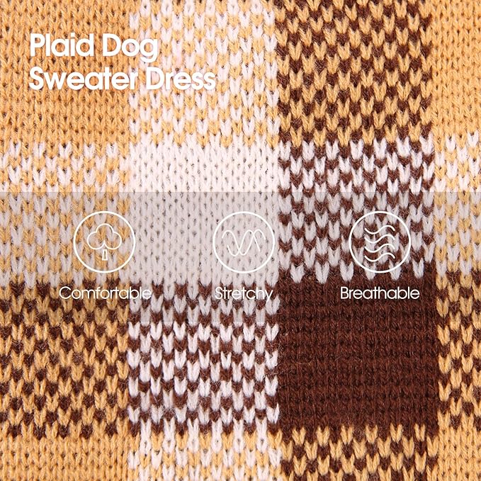 Dog Sweater Dress Plaid Knitwear for Small Medium Dogs Warm Puppy Pet Turtleneck Stretch Pullover Cute Fall Winter Vest Clothes with Leash Hole for Christmas (Coffee, L)