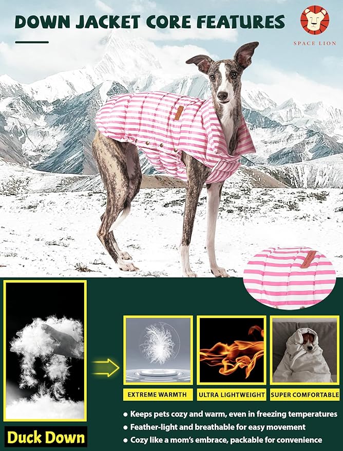 SPACE LION Dog Puffer Jacket, Down Winter Coat, Durable Outdoor Coat for Cold and Windy Conditions, Waterproof, Lightweight Jacket, Adjustable Fit for Small, Medium, Large Dogs(Pink,10/S)