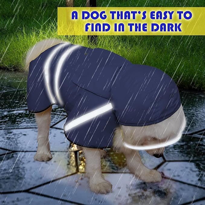 Dog Raincoat, Adjustable Rain Jacket with Hooded Double Layer for Large Medium Small Dogs Puppies, Lightweight Waterproof Rain Coat Poncho with Reflective Stripe Navy,M