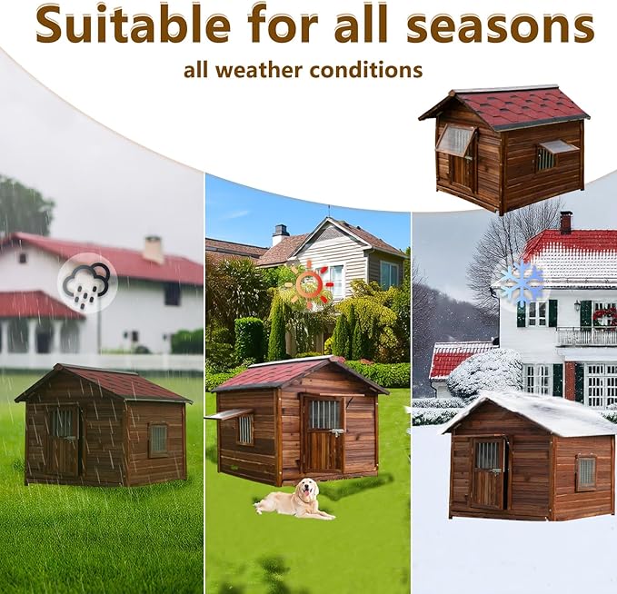 Luxury Dog House Outdoor&Indoor Weatherproof, Wooden Dog House for for Garden Backyard, Natural Pine Wood Pet House Outside, Waterproof Dog Kennel, XL