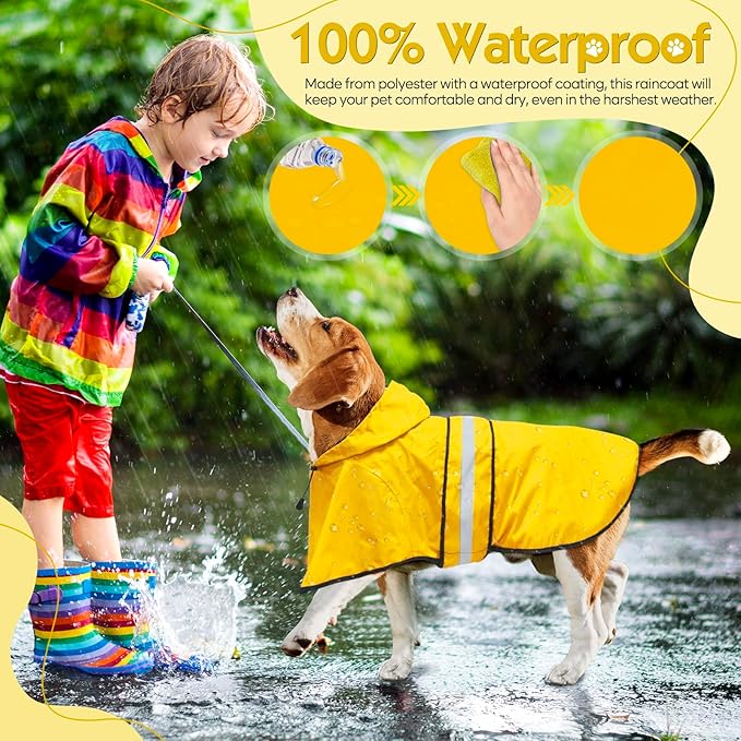 Dog Raincoat - Waterproof Dog Rain Jacket with Leash Hole, Reflective Pet Rain Coat Adjustable Doggy Slicker Poncho for Dogs Walking(L, Yellow)