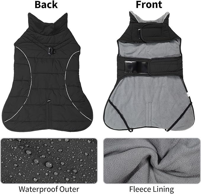 HEYWEAN Dog Winter Coat - Waterproof Windproof Reflective Vest for Medium & Large Breeds Adjustable Warm FleeceLined Jacket with Magic Tape & D-Ring for Leash Cold Weather Apparel (Black, XX-Large)