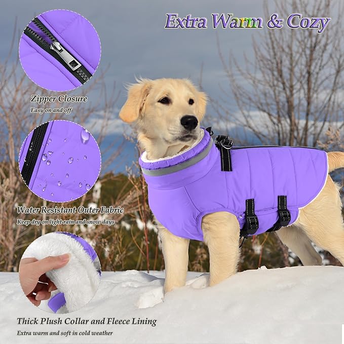 Dogcheer Dog Coat with Harness, Waterproof Dog Jacket Adjustable Winter Coat with Zipper, Christmas Puppy Snow Jacket Fleece Sweater for Small Medium Large Dogs - Taro Purple XS