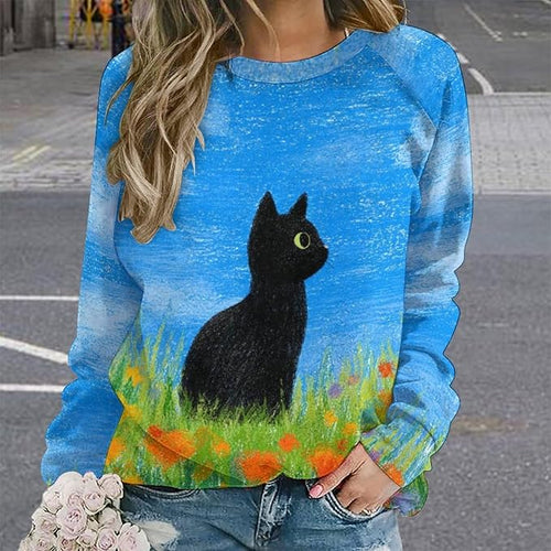 Abstract Cute Cat Shirts for Women Long Sleeve Lady Crewneck Pullover Sweatshirt Fall Winter Oversized Tops