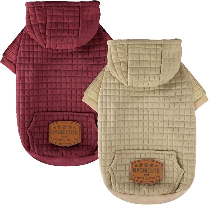 2 Pack Dog Hoodie Sweaters for Small Medium Dogs Warm Dog Clothes for Large Dogs Soft Waffle-Like Laminated Sweatshirt Bulldog (Brown+Wine Red, XXS (Back: 8",Chest: 11", Neck: 7.9"))