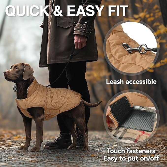 VIVAGLORY Softjoy Dog Coat, Dog Jacket for Winter & Christmas, Coat with Harness Hole & Velcro Closure, Reversible Plaid Checkered Warm Fluffy Heavy Duty for Puppy, S, Khaki