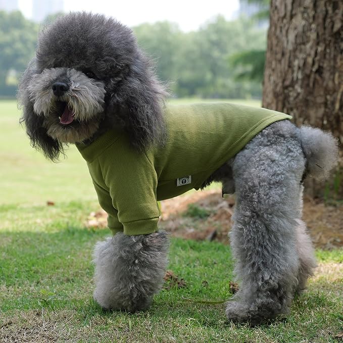 Lovelonglong Ribbed Dog T-Shirt Cotton Knitted Dog Sweaters for All Season Pet T-Shirts for Large Medium Small Dogs Olive Green XS