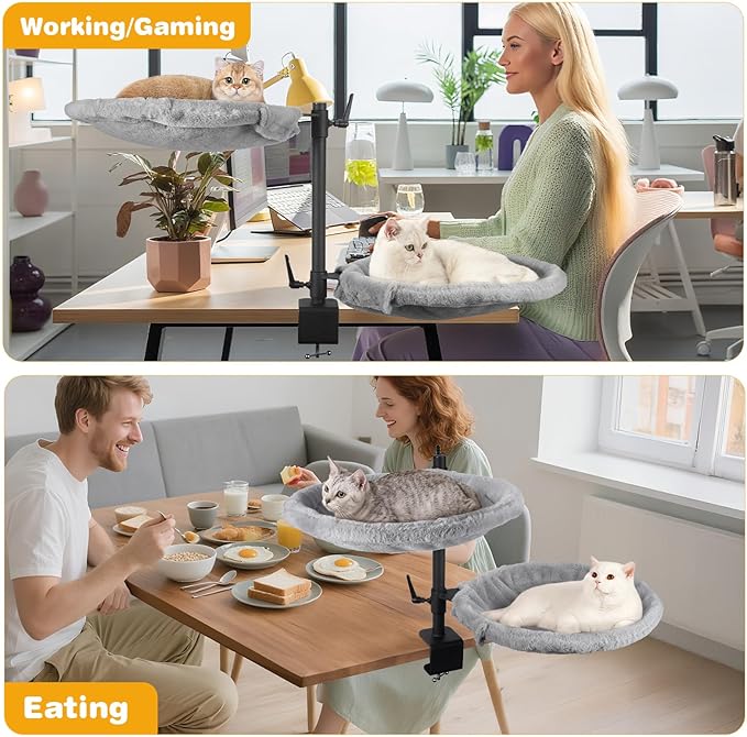 Double Cat Desk Bed - 2 Large Layers Cat beds with 360° Rotating & Adjustable Height, Kitten Nest for Desktop with 2 Washable Soft Covers, Kitten Hammock Bed Mount for Home Office Grey