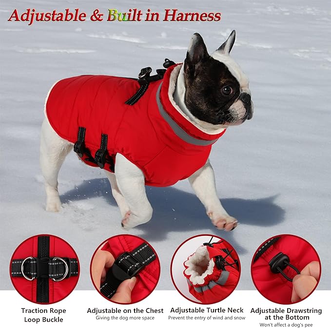 Dogcheer Dog Coat with Harness, Waterproof Dog Jacket Adjustable Pet Winter Coat with Zipper, Christmas Puppy Snow Jacket Fleece Sweater for Small Medium Large Dogs - Red XS