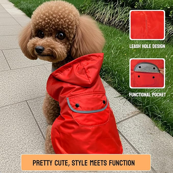 Dog Raincoat Dogs Rain Jacket Reflective Poncho Rainwear Waterproof Pet Clothes Warm Lined Pocket Hooded Leash Hole Adjustable Small Medium Dogs,Red,L,Back Length 12.0 Inch