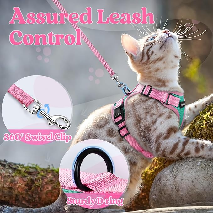 rabbitgoo Cat Harness and Leash Set, Escape Proof Soft Adjustable Vest Harnesses for Outdoor Walking, Easy Control Breathable Kitten Jacket with Reflective Strips, Green & Pink, M