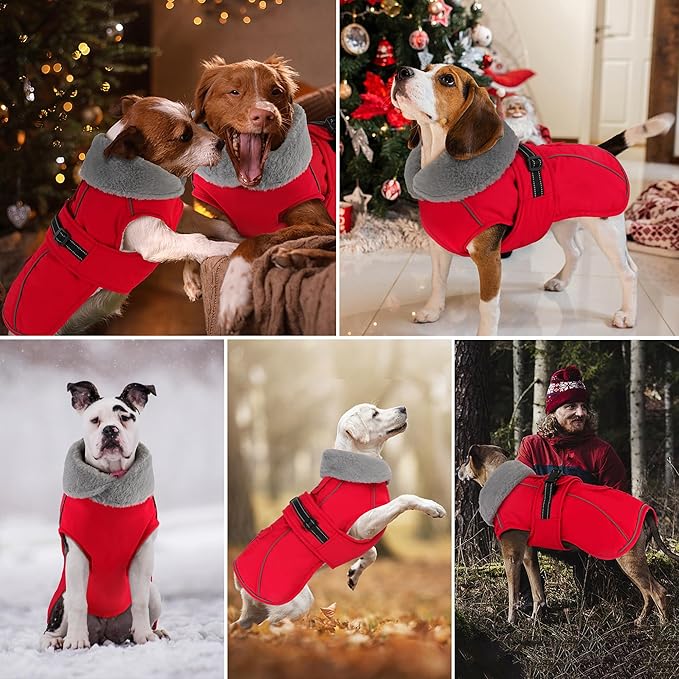 Dogcheer Dog Coat with Pocket, Waterproof Dog Jacket with Adjustable Buckle, Reflective Puppy Winter Coat Warm Turtleneck Fleece SnowJacket for Small Medium Large Dogs - Red XL