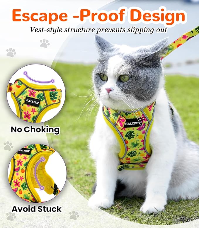 Halypet Cat Harness and Leash Set for Walking, Escape Proof Adjustable Vest Harness with 3-in-1 Integrated Buckles, Easy Control Soft Breathable Mesh with Reflective Strips for Cats, M, Bright Yellow
