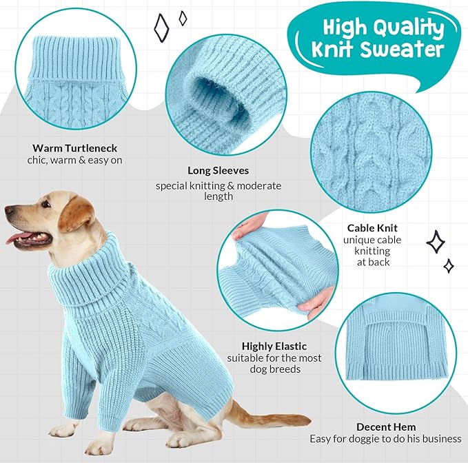 Queenmore Dog Sweater, Puppy Sweater for Small Dogs,Warm Winter Fall Dog Sweaters for Dog Girls Boys, Solid Turtleneck Knit Sweater for Large Medium Dogs,Long Sleeves Christmas Dog Sweater Blue,M