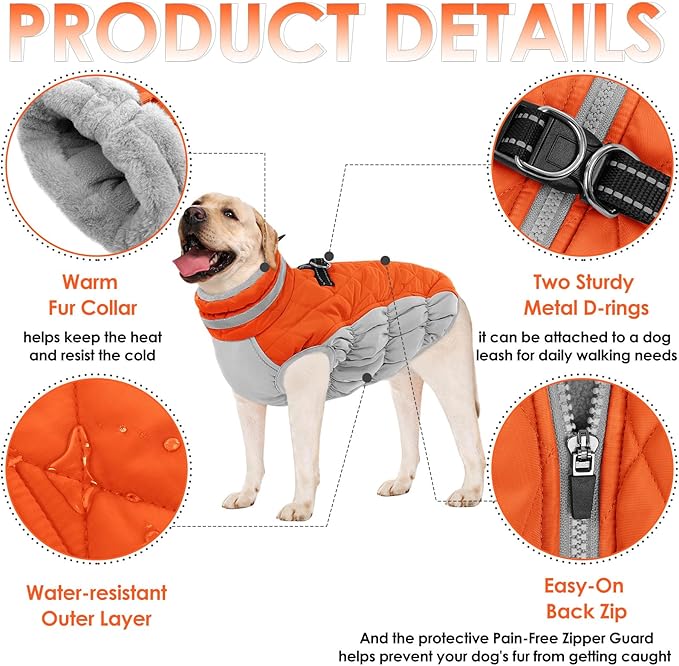 AOFITEE Dog Coat, Warm Dog Jackets for Large Dogs, Reflective Turtleneck Dogs Winter Coat with Harness Built in, Waterproof Windproof Pet Snow Jacket Fleece Vest for Cold Weather, Orange XXL