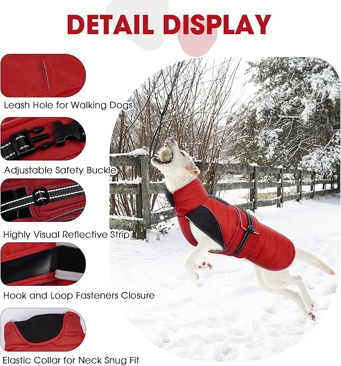 Nanaki Small Dog Coat for Winter Waterproof, Warm Fleece Lining Furry Collar Dog Jacket with Leash Hole, Reflective Adjustable Cold Weather Puppy Pet Snow Jacket Vest Outdoor Walking Hunting, Red M