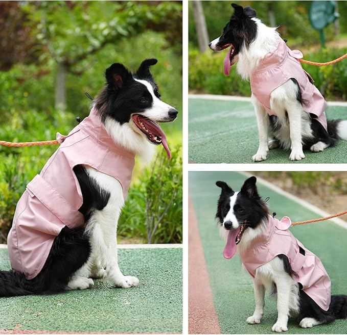 Waterproof Dog Raincoat, Adjustable Lightweight Dog Rain Jacket with Reflective Strip Leash Hole for Small Medium Large Dogs (Pink, Medium(13-22lb))