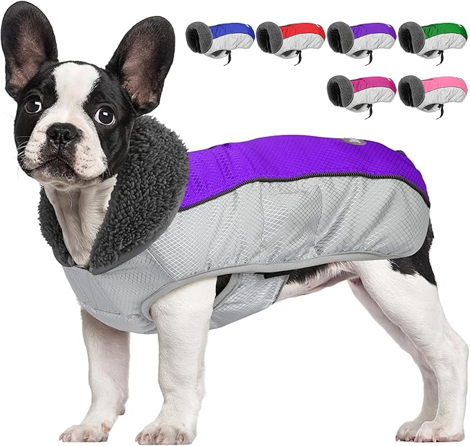 Dog Coat, Waterproof Ripstop Dog Winter Jacket with Leash Hole, Reflective Adjustable Warm Pet Fleece Snow Sweater for Small Medium Large Dogs - Purple, S
