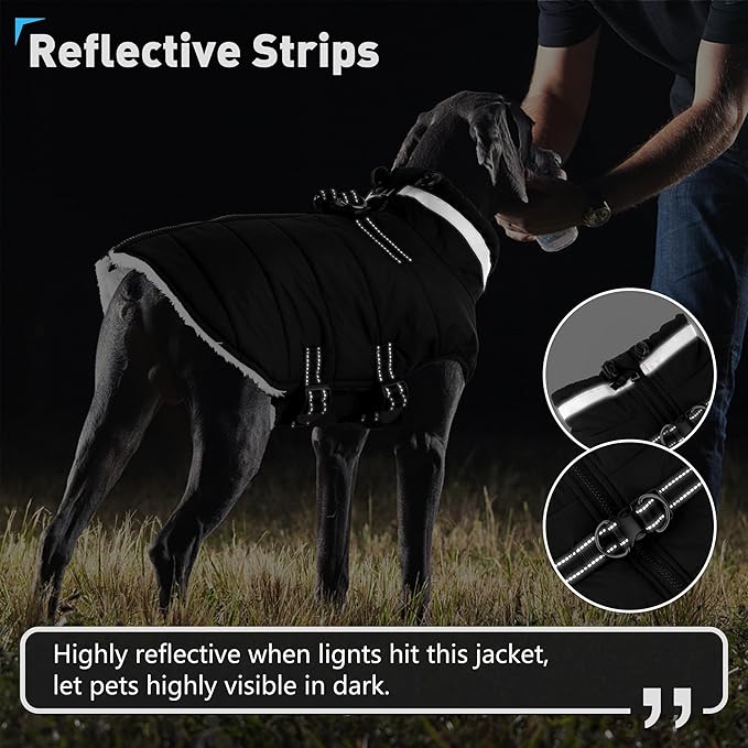 Dogcheer Dog Coat, Waterproof Dog Jacket with Harness, Reflective Adjustable Winter Coat with Zipper, Christmas Pet Snow Jacket Clothes for Small Medium Large Dogs - Black 3XL