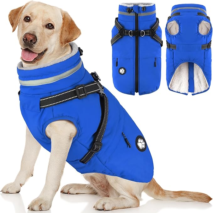 Dogcheer Dog Coat, Waterproof Dog Winter Jacket with Harness, Reflective Adjustable Doggy Cold Weather Coats, Christmas Pet Fleece Snowsuit for Small Medium Large Dogs - Blue, L