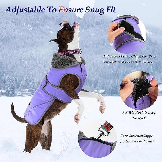 Dogcheer Dog Coat, Waterproof Dog Jacket Reflective Pet Winter Coat with Adjustable Hook & Loop, Christmas Puppy Fleece Jacket Warm Turtleneck Snowsuit for Small Medium Large Dogs - Taro Purple, 3XL