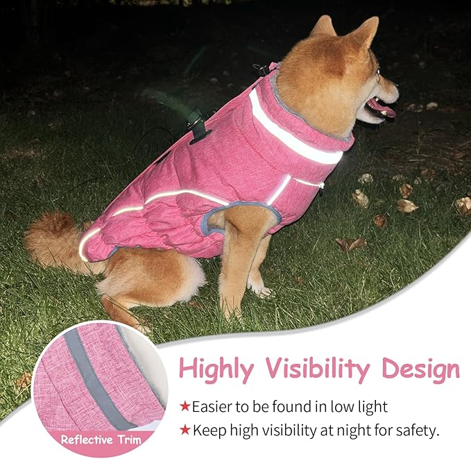 Malier Dog Coat, Reflective Dog Jacket Waterproof Windproof Puppy Cold Weather Coats with Harness Built in, Winter Extra Warm Pet Coat Fleece Vest for Small Large Pets and Puppy (Pink, X-Large)
