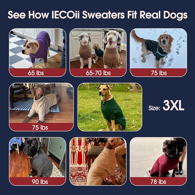 IECOii XXXL Dog Sweater,Warm Dog Sweaters for Extra Large Dogs Girl Boy,Stretchy & Cozy,Turtleneck Knitted Pullover for Pet Wear On Holiday,Easy On Doggy Sweatshirt for Labrador (Black,XXXL)