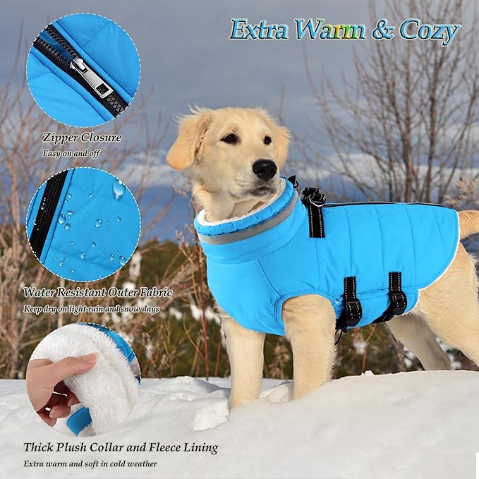 Dogcheer Dog Coat with Harness, Waterproof Dog Jacket Adjustable Pet Winter Coat with Zipper, Christmas Puppy Snow Jacket Fleece Sweater for Small Medium Large Dogs - Sky Blue XL