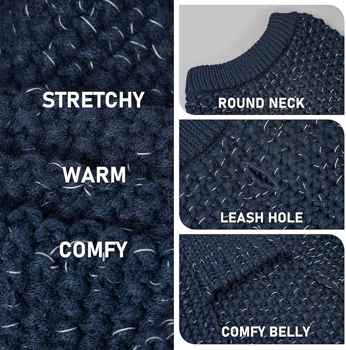 KYEESE Dog Sweater for Large Dogs with Leash Hole Warm Pullover with Reflective Yarn Male Thick Stretchy Knitwear Winter Soft Pet Coat boy for Cold Weather Comfy Dog Sweaters, Navy Blue, XX-Large