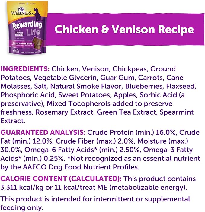 Wellness Rewarding Life Dog Treats, Training Treat, Grain Free, Soft Chicken & Venison (6 Ounce Bag)