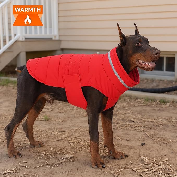 Dog Coat, Waterproof Winter Jacket, Warm Windproof Vest, Reflective Adjustable Turtleneck Coats for Medium and Large Dogs with Hook & Loop - Red - L