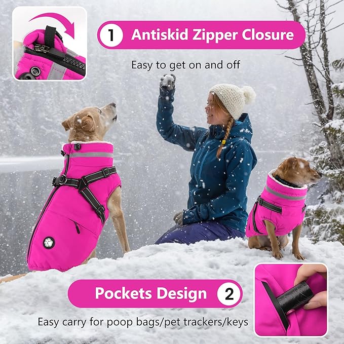 Dogcheer Dog Coat with Harness, Waterproof Dog Jacket Christmas Pet Winter Coat with Pockets, Reflective Doggy Turtleneck Fleece Jacket for Small Medium Large Dogs - Pink, XS