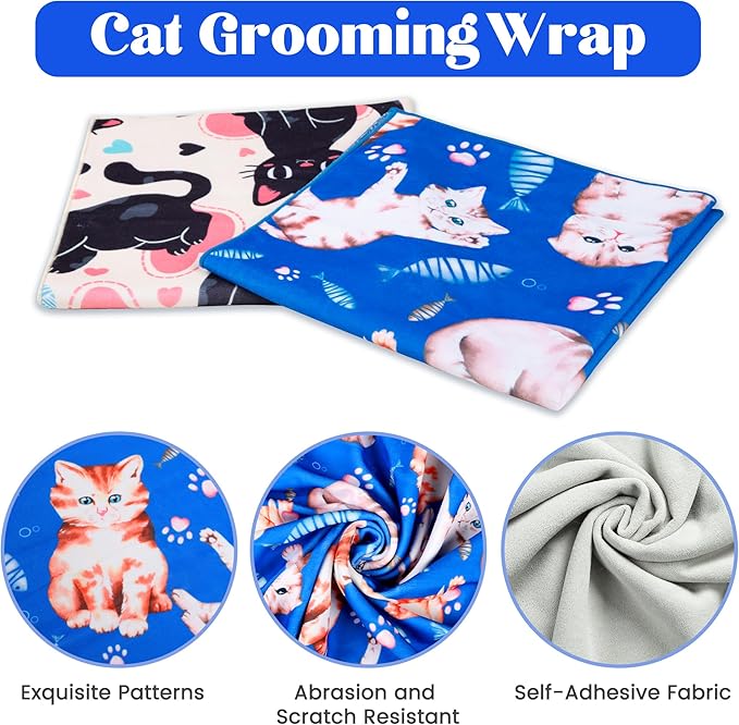 27.6“ Cat Wrap for Cutting Nails Self-Adherent Fabric Cat Wrap for Grooming Cat Restraint for Nail Clipping Anti-Escape Cat Calming Wrap Within 15lbs