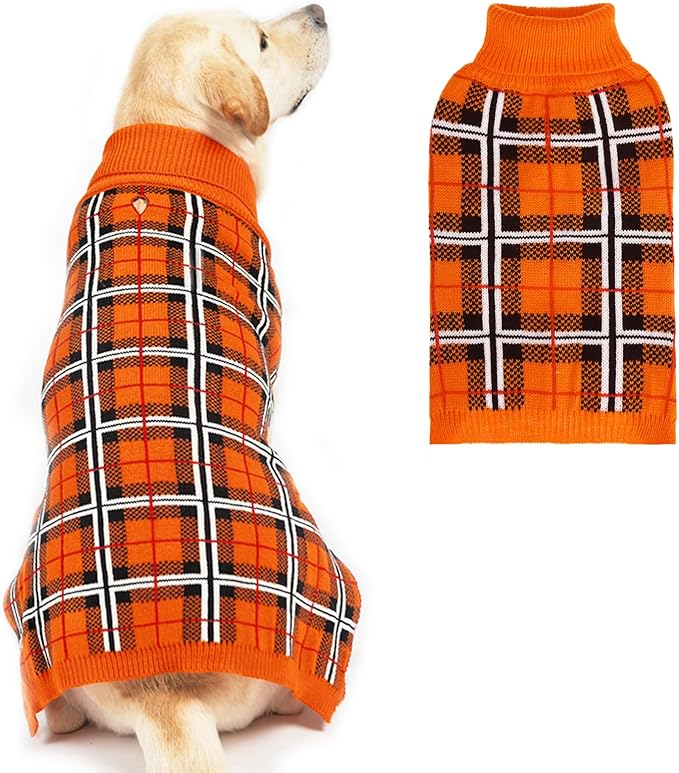 PUPTECK Dog Sweaters for Large Medium Small Dogs - Fall Classic Plaid Style Puppy Holiday Winter Coat Clothes Warm, Reddish Orange, XL