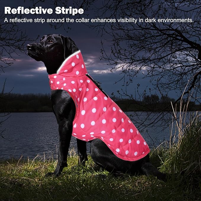 Dog Winter Coat, Waterproof Dog Jacket with Leash Hole, Reflective Adjustable Pet Snow Vest, Warm Fleece Sweater for Small Medium Large Dogs - Pink Polka Dot, 2XL