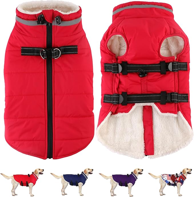 Dogcheer Dog Coat with Harness, Waterproof Dog Jacket Adjustable Pet Winter Coat with Zipper, Christmas Puppy Snow Jacket Fleece Sweater for Small Medium Large Dogs - Red XL