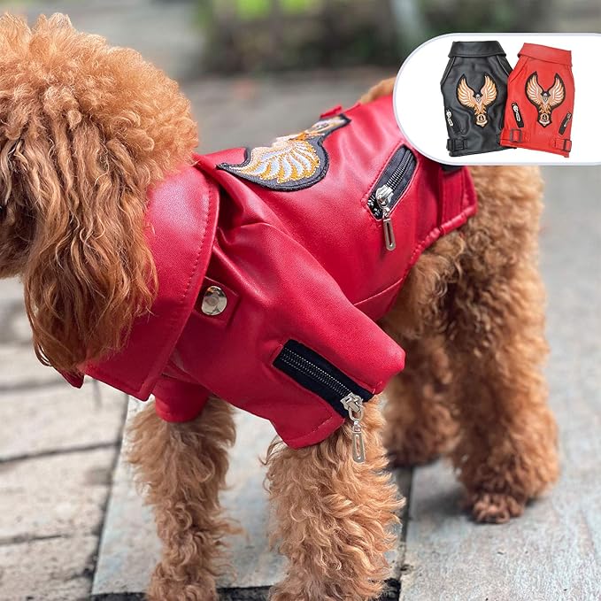 Lovelonglong Cool Dog Leather Jacket, Warm Coats Dogs Windproof Cold Weather Coats for Large Medium Small Dogs with Eagle Embroidery Red L-L