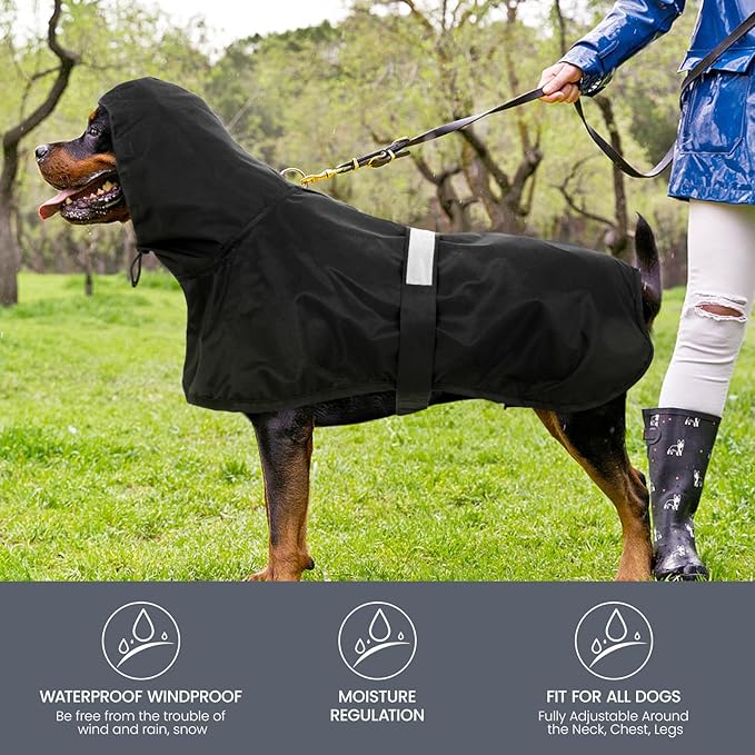 Nanaki Dog Rain Coats with Hood, Reflective Pet Raincoat with Leash Hole, Hooded Rain Ponchos for Rainny Snow Days,Windproof Waterproof Dog Coat Jacket Vest for Outdoor Hiking Walking Hunting Black L