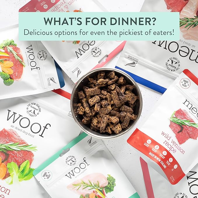 The New Zealand Natural Pet Food Co Meow Air Dried Cat Food - Venison Recipe, High Protein Dry Food Use as a Complete Diet, Topper, Mixer, or as Cat Training Treats, All Life Stages, 26.5 oz