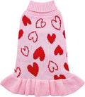 cyeollo Valentines Day Dog Sweater Dress Dog Clothes Pullover Turtleneck with Leash Hole Heart Pattern Holiday Theme Female Pet Apparel for Small Dogs