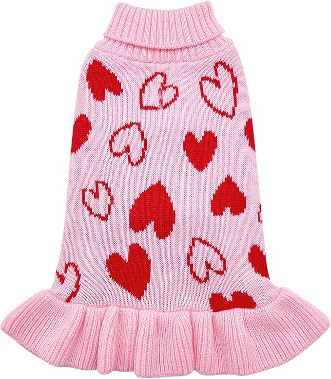cyeollo Dog Sweater Dress Dog Clothes Pullover Turtleneck with Leash Hole Heart Pattern Holiday Outfit Female Pet Apparel Valentine Sweater for Medium Large Dogs