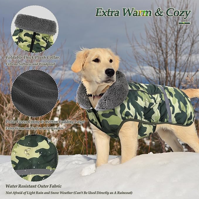 Dogcheer Warm Dog Coat, Waterproof Dog Jacket Reflective Adjustable Puppy Winter Coat with Buckle, Christmas Pet Snow Jacket Turtleneck Fleece Sweater for Small Medium Large Dogs- Camo Green, 2XL