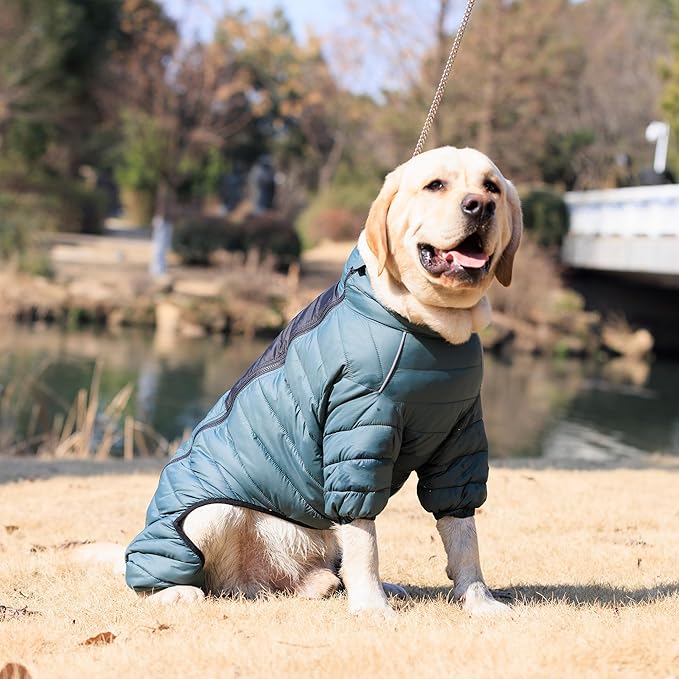 Lovelonglong Dog Coat Dog Warm Jacket, 4 Legs Covered Waterproof Windproof Reflective Warm Dog Vest, Zippered Adjustable Outdoor Dog Snow Jacket for Small Medium Large Dogs ArmyGreen XXXL