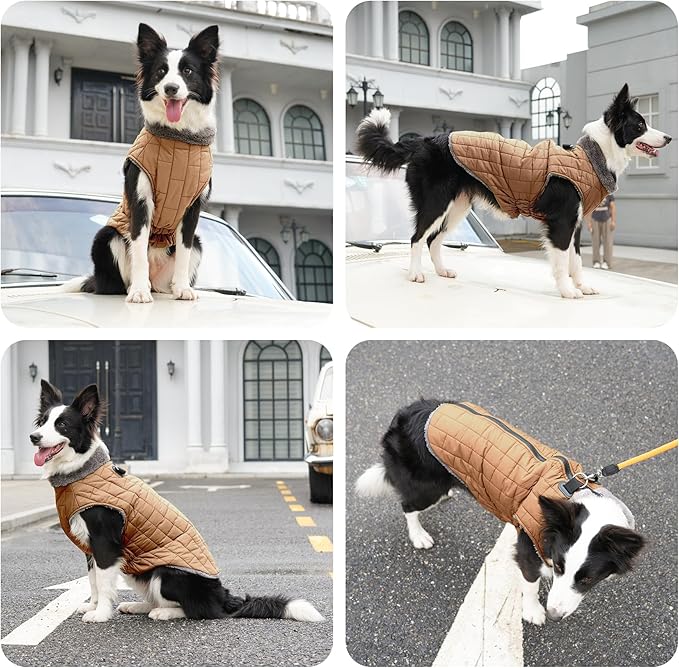 Warm Fleece Dog Coats with Durable Harness Buitl in D-Ring,Waterproof Puppy Jacket for Small Dogs,Dog Vest for Cold Winter,Burnished Khaki S