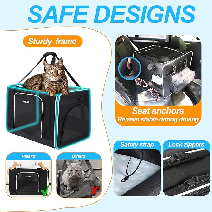 Petskd Extra Large Cat Carrier with Litter Box 24"x17"x17" for Medium Large Cat or 2 Small Cats, Collapsible Soft Sided Pet Carrier for Car Travel with Lockable Safety Zippers(Black)