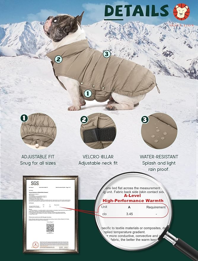 SPACE LION Dog Puffer Jacket, Down Winter Coat, Durable Outdoor Coat for Cold and Windy Conditions, Waterproof, Lightweight Jacket, Adjustable Fit for Small, Medium, Large Dogs(Khaki,28/4XL)