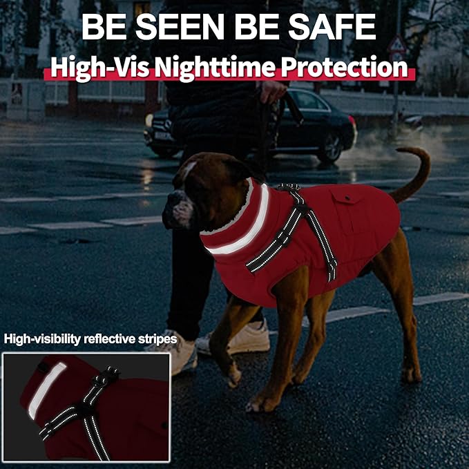 Dogcheer Dog Coat with Harness, Waterproof Warm Dog Winter Jacket with Pockets, Reflective Pet Fleece Jacket Turtleneck Snowsuit for Small Medium Large Dogs - Red, M