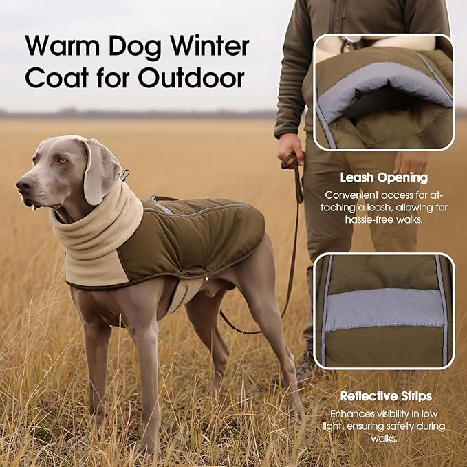 ASENKU Dog Coat, Dog Winter Jackets with Fleece Turtleneck, Windproof, Reflective Pet Snow Jacket for Cold Weather, Coats for Large Size Dogs Army Green, XXL