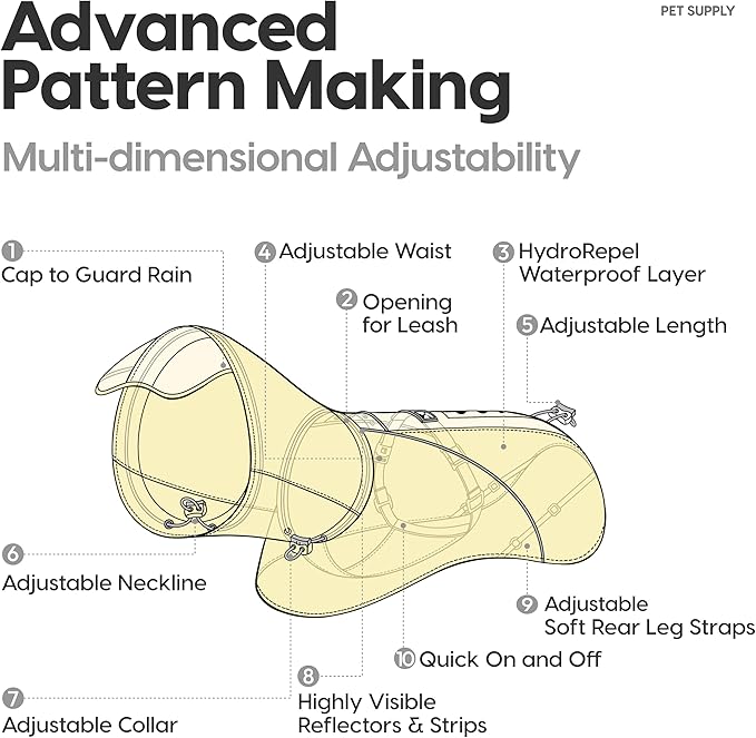 Slip-On Dog Rain Poncho, Quick & Easy to Wear Dog Raincoat, Unrestricted, Super Lightweight, and Waterproof Rain Jacket for All Breeds, Adjustable and Reflective (Yellow, Large)