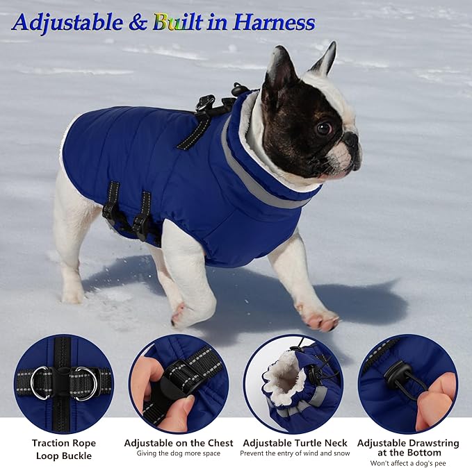 Dogcheer Dog Coat, Waterproof Dog Jacket with Harness, Reflective Adjustable Puppy Winter Coat with Zipper, Christmas Snow Jacket Clothes for Small Medium Large Dogs - Blue S